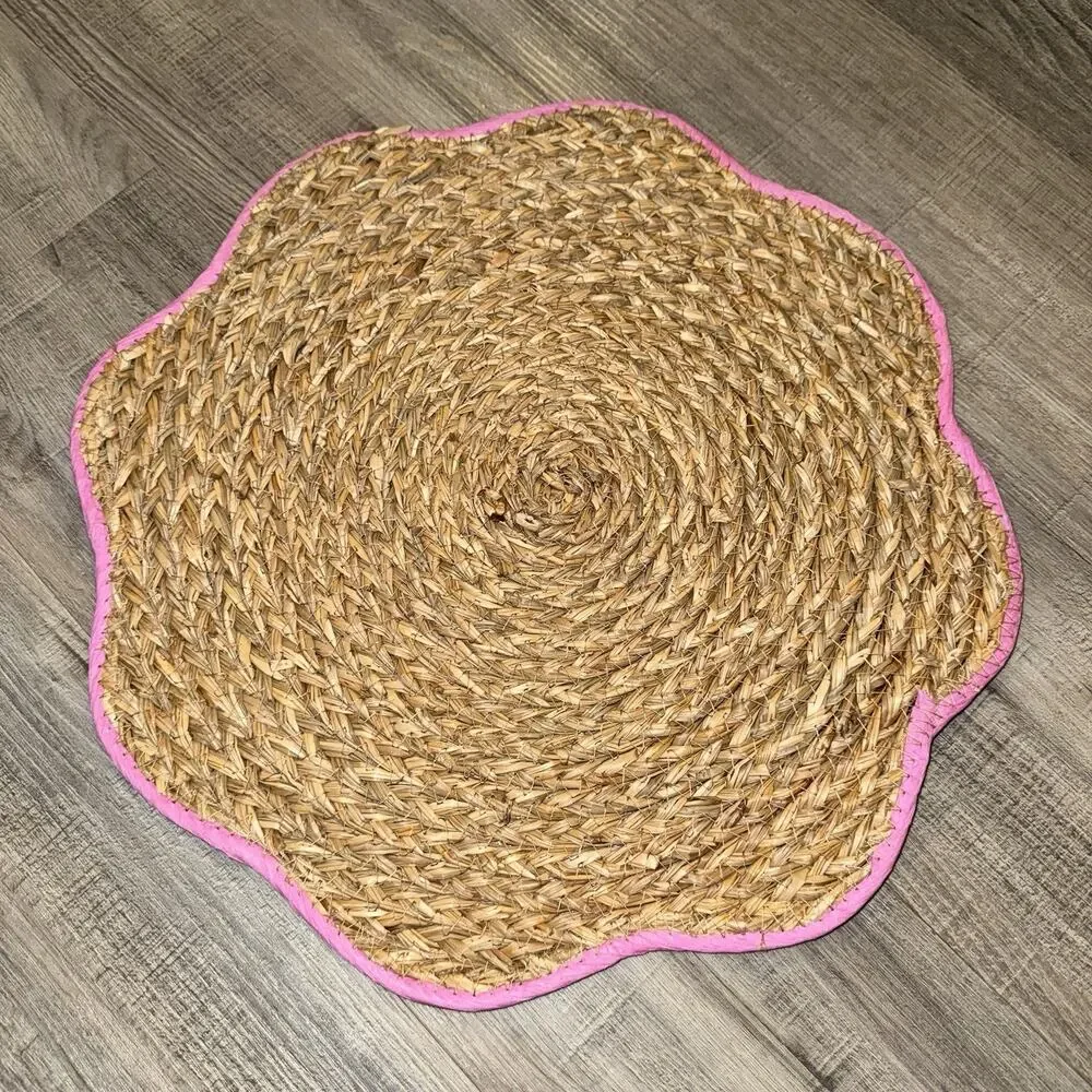 Hobby Lobby Woven Straw Flower Placemat Natural Tan Pink Trim Boho Decor NWOT
